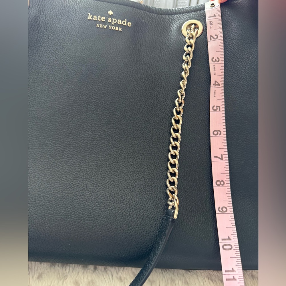 Kate Spade Large Black Leather Tote Bag with Gold Chain Laptop Compartment - Picture 2 of 12